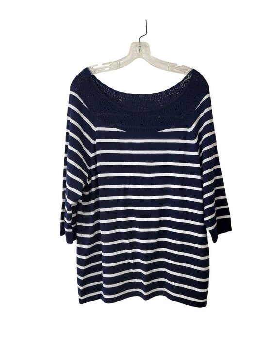 Chaps Sweaters - Chaps Navy and White Striped Pullover Sweater with Crocheted Neckline